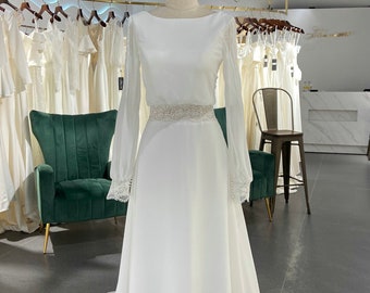 Modest Long Sleeve V-back Boho Wedding Dress with Detachable Train