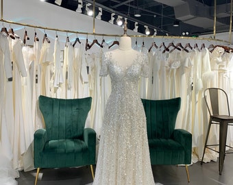 Short Sleeve Sparkle Sequins Wedding Dress