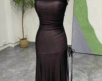 Square Neck Black Mesh Vintage Prom Dress