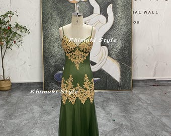 Handmade Beaded Prom Dress , Vintage Green & Gold Evening Gown