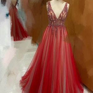 Ball Gown Handmade Beaded Red Prom Dress