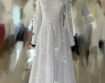 Modest Long Sleeve French Lace Wedding Dress