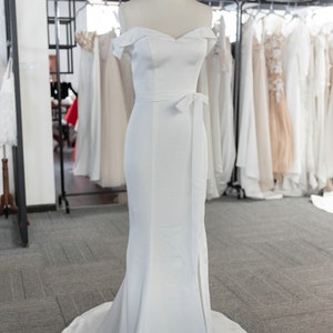 Simple Fit and Flare Off Shoulder Sleeve Crepe Wedding Dress