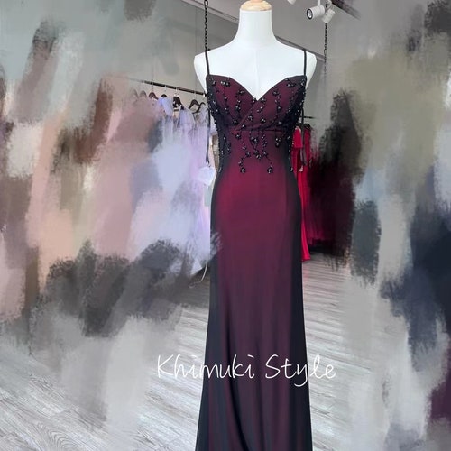 red and black mesh prom dress dark red and black Ombre Beaded Mesh Goth Prom Dress