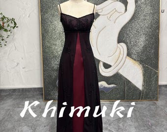 Handmade Beaded 2000S Prom Dress,Vintage Black and Red V neck Party Dress