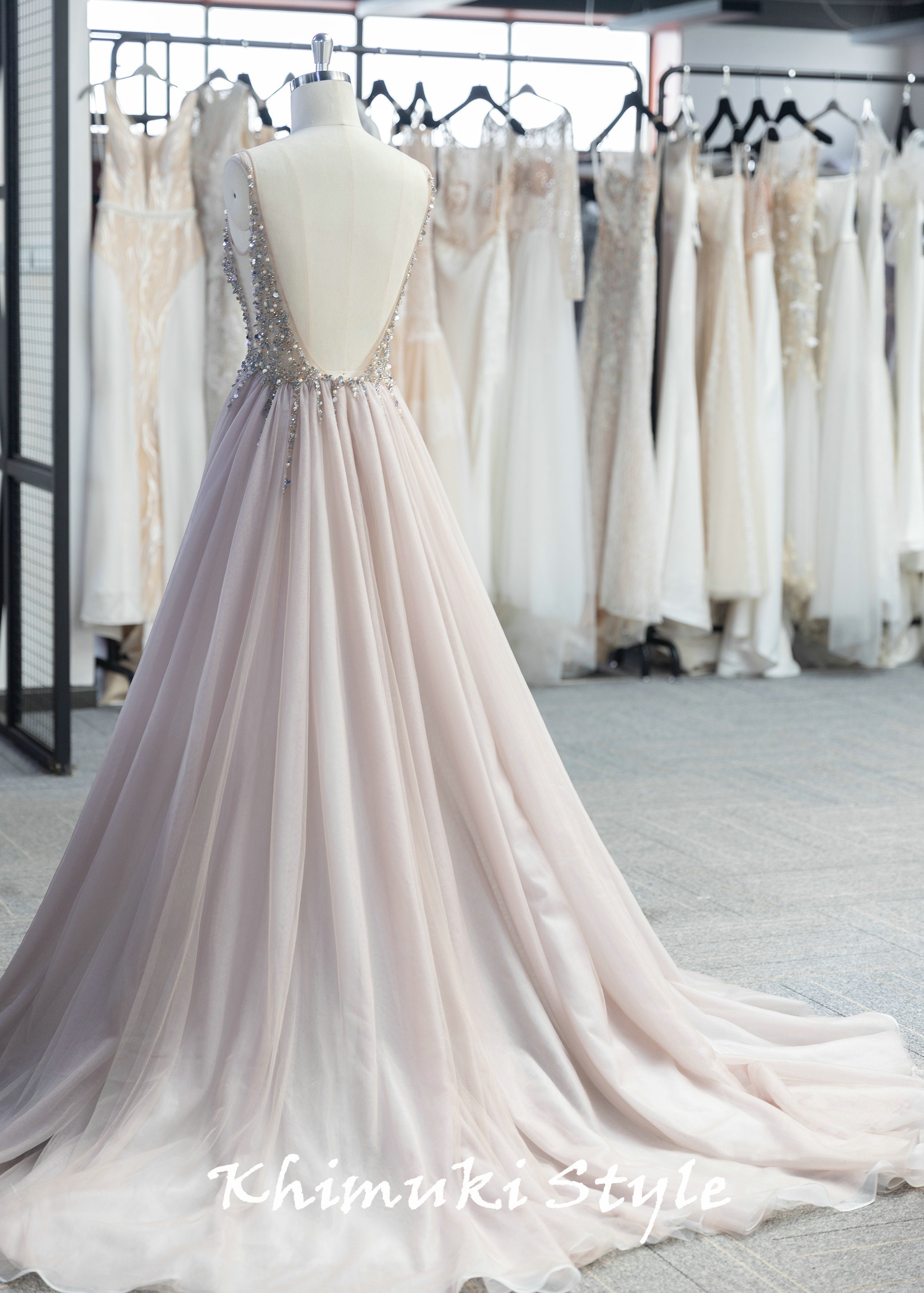Sexy Low Back Handmade Beaded Blush Tulle Wedding Dress - Etsy