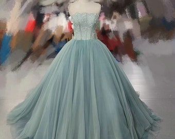 Ballkleid Dusty Blue Mesh Abendkleid
