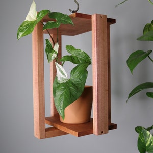 May include: A hanging wooden plant shelf with a potted plant inside. The shelf is made of light brown wood and has a simple design. The plant is a green and white variegated plant with large leaves.