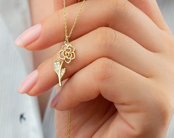 925K Sterling Silver Dainty Gold Rose Necklace, Rose Flower Necklace, Minimalist Necklace, Everyday Necklace, Rose Necklace