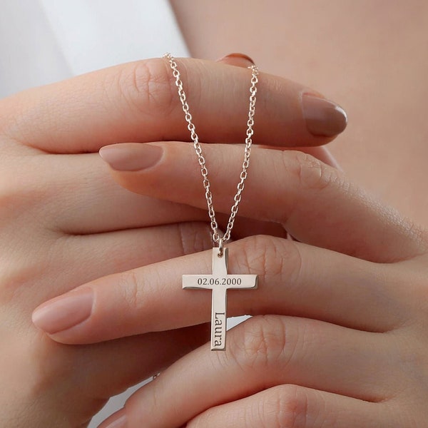 925K Silver Personalized Engraved Cross Necklace, Custom Cross Necklace, Cross Necklace, Personalized Religious Necklace, Christmas gift