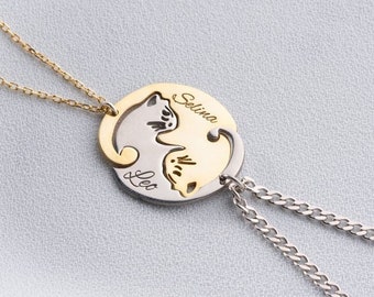 Personalised Engraved  Puzzle Cat Shape Necklace, Matching Cat, Puzzle Pendant, Engraved Jewellery For Her and Him, Love Friendship