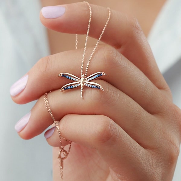925K Sterling Dragonfly Charm Pendant Necklace, S925 Sterling Silver, Gold Rose & Gold Plated, Dainty Dragonfly Bug Lover Good Luck