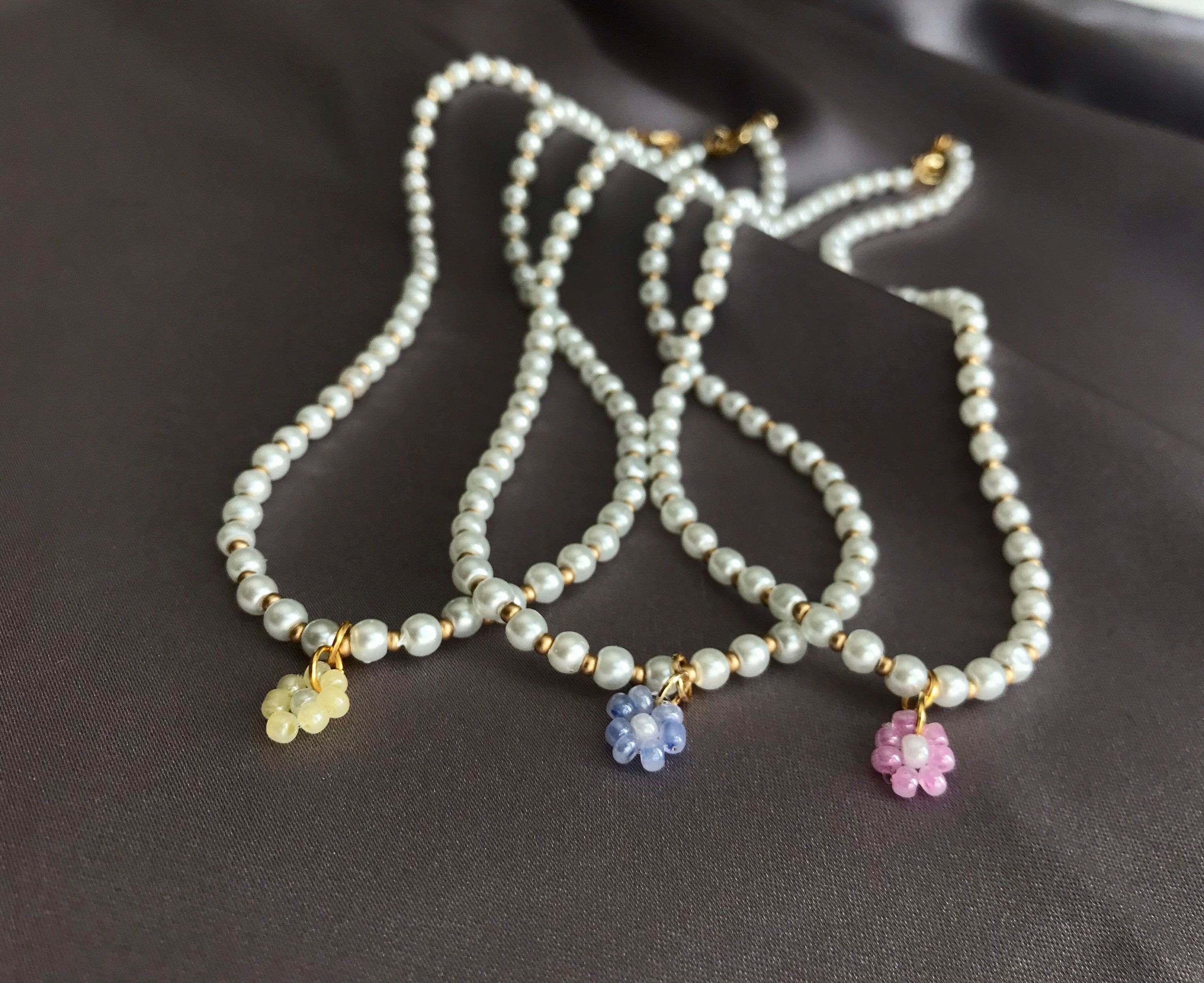Daisy Charm Necklace, Mini Daisy Charm Choker, Pearl Necklace, Pearl …