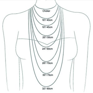 May include: Diagram showing necklace lengths on a person's torso. The lengths are labeled as Choker, 16"/40cm, 18"/45cm, 20"/50cm, 24"/60cm, 28"/70cm, 30"/75cm, and 32"/80cm. The image is in black and white.