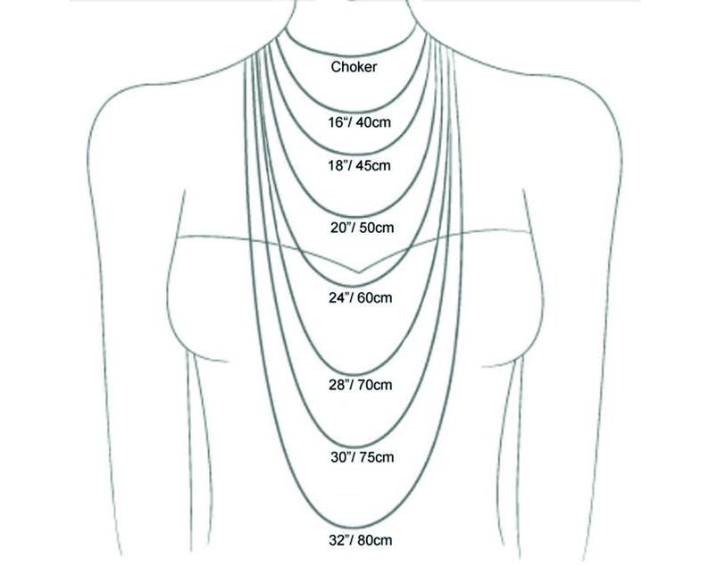 May include: Diagram showing necklace lengths on a person's torso. The lengths are labeled as Choker, 16"/40cm, 18"/45cm, 20"/50cm, 24"/60cm, 28"/70cm, 30"/75cm, and 32"/80cm. The image is in black and white.
