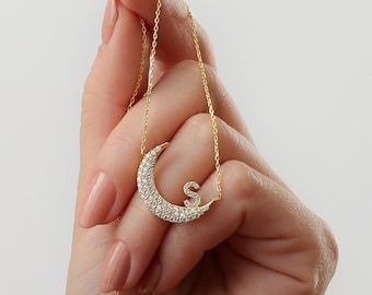 Crescent Moon Necklace, Crystal Initial Name Necklace, Crescent Necklace, Moon Necklace, Initial Necklace, Personalized Moon Necklace