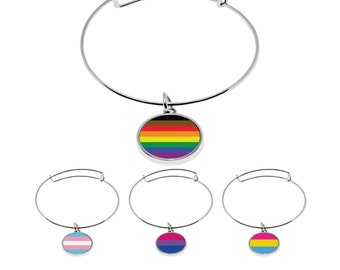 Pride Flags Fluorescent print Wrapped Hinge Cuff Bracelet with pendant Transgender Bisexual Lesbian Delicate Thin Cuff Bangle Metal bracelet