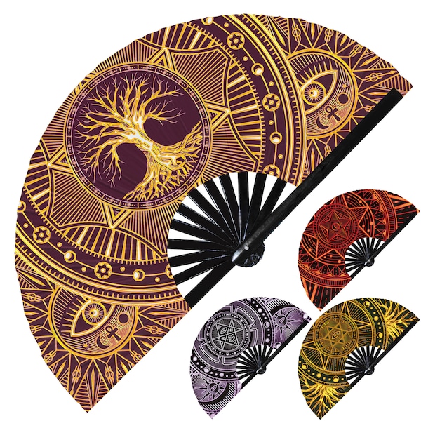 Magic Spell Circle Hand Fan - Golden Mystical Alchemy Witchcraft Circular Emblems Occult Geometry Witchcraft Signs Fan UV Glow Foldable Fan