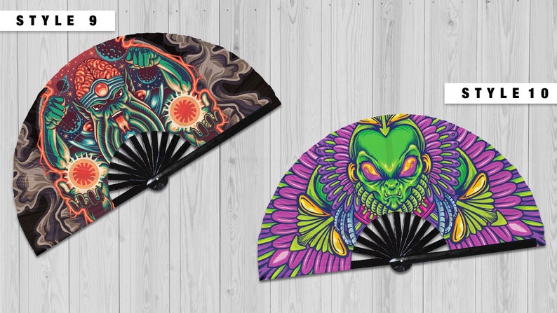 Alien hand fan foldable bamboo circuit rave hand fans UFO Outer Space Aliens Head Artwork party gear gift music festival rave accessories image 4