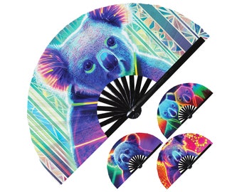 Koala Neon hand fan foldable bamboo circuit rave hand fans Koala Bear Rainbow Galaxy party gear gifts music festival rave accessories