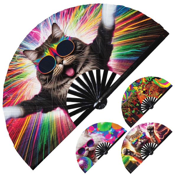 Party Cat Rave Kitty hand fan foldable bamboo circuit rave hand fans Rainbow Acid Cat party gear gifts music festival rave accessories