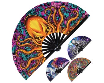 Octopus hand fan foldable bamboo circuit rave hand fan Angry Iridescent Rainbow Octopus Mandala Animal Fan outfit party music festival rave