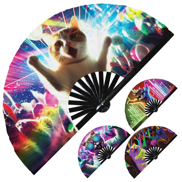 Party Cat Rave Kitty hand fan foldable bamboo circuit rave hand fans Rainbow Galaxy party gear gifts music festival rave accessories