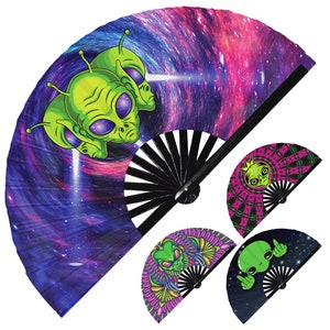 Alien hand fan foldable bamboo circuit rave hand fans UFO Outer Space Extraterrestrial Aliens Head Artwork Trippy Galaxy Psychedelic Rainbow Fan outfit party gear gifts music festival rave accessories