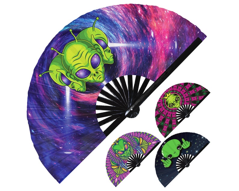 Alien hand fan foldable bamboo circuit rave hand fans UFO Outer Space Extraterrestrial Aliens Head Artwork Trippy Galaxy Psychedelic Rainbow Fan outfit party gear gifts music festival rave accessories