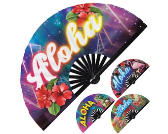 Aloha Hawaii UV Glow Hand Fan Maui Aloha Handheld Fan Tropical Aloha Handheld Fan Tropics Honolulu Aloha Chinese Bamboo Hand Fan