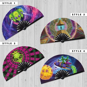 Alien hand fan foldable bamboo circuit rave hand fans UFO Outer Space Aliens Head Artwork party gear gift music festival rave accessories image 2