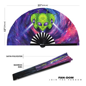 Alien hand fan foldable bamboo circuit rave hand fans UFO Outer Space Aliens Head Artwork party gear gift music festival rave accessories image 5