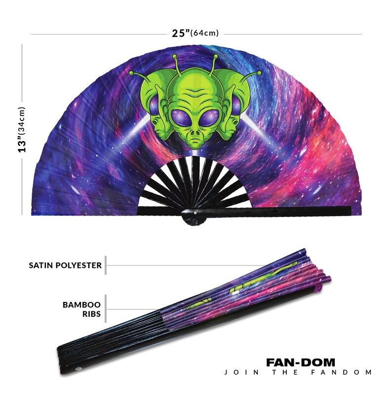 Alien hand fan foldable bamboo circuit rave hand fans UFO Outer Space Aliens Head Artwork party gear gift music festival rave accessories image 5