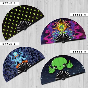 Alien hand fan foldable bamboo circuit rave hand fans UFO Outer Space Aliens Head Artwork party gear gift music festival rave accessories image 3