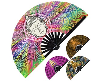 Buddha hand fan foldable bamboo circuit rave hand fan Buddhism Golden Buddha Head Statue Floral Lotus Mandala Fan party music festival rave