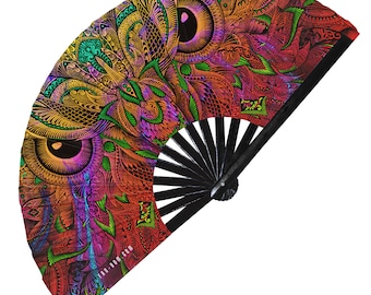 Owl Hand Fan Owl Art Folding Fan UV Reflective Hand Fan Blacklight Rave Fan No Sleep Hand Rave Party Event Festival Fan