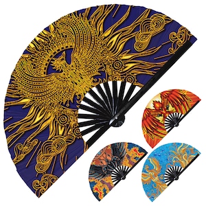 Phoenix Bird Hand Fan UV Glow Foldable Bamboo Fan Flying Fire Red Mythical Legendary Phoenix Burning Wing Flames Handheld Fans