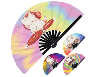 Cute Dj Cat Cartoons hand fan foldable bamboo circuit rave hand fans party gear gifts music festival accessories