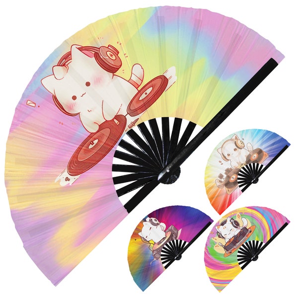 Cute Dj Cat Cartoons hand fan foldable bamboo circuit rave hand fans party gear gifts music festival accessories