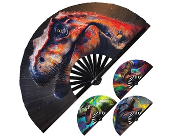 Dinosaur T-Rex hand fan foldable bamboo circuit rave hand fans Rainbow Galaxy party gear gifts music festival rave accessories