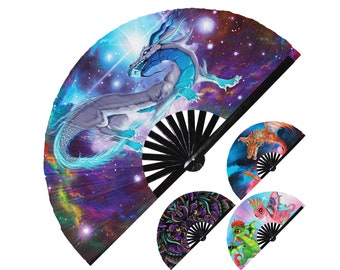 Dragon Fan - Cute Flying Fire Breathing Dragons Chinese Mystical Dragon Fan UV Glow Foldable Handheld Rave Party Festival Circuit Event Fan