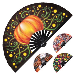 Pumpkin Fall Folding Fan UV Glow | Pumpkin Bamboo Hand Fan Big clack Fan for Fall Hand Fan Thanksgiving Pumpkin Fan