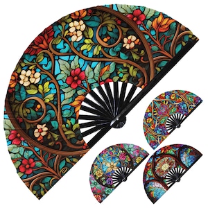 Stained Glass hand fan foldable bamboo circuit rave hand fans Flower Stained Glass Rainbow party gear gifts music festival rave accessories