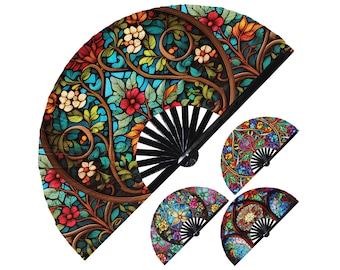 Stained Glass hand fan foldable bamboo circuit rave hand fans Flower Stained Glass Rainbow party gear gifts music festival rave accessories