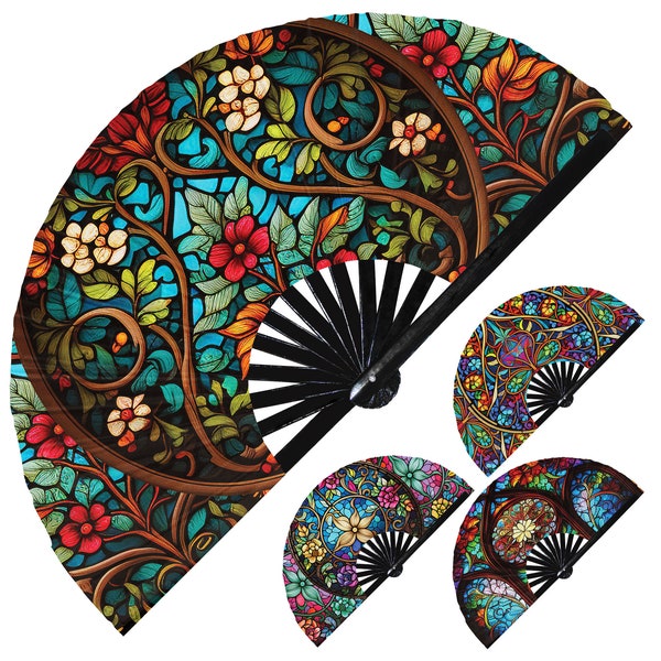 Stained Glass hand fan foldable bamboo circuit rave hand fans Flower Stained Glass Rainbow party gear gifts music festival rave accessories