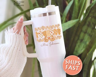 Personalized Teacher Tumbler 40oz: Retro Floral Stainless Steel Travel Cup