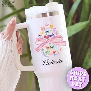 Colorful Bow Heart Tumbler – Personalized Name 40oz Cup for Girls, Coquette Aesthetic Gift, Cute Custom Drinkware, Rainbow Ribbon Design