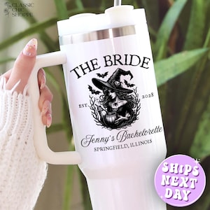 Halloween Bride Tumbler 40 oz – Bachelorette Gift with Witch Theme, Custom Fall Party Cup for Bride, Spooky Bride Drinkware