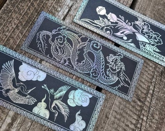 Japanese Art Inspired Foiled Bookmarks, Koi Carp, Crane, Kitsune Mask, Japanese Tiger, Japanese Dragon, Gold Foil Bookmark Set.