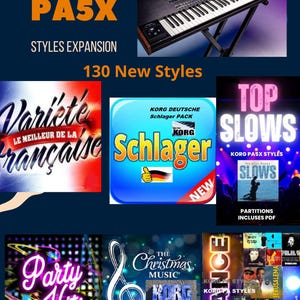 Puede incluir: Imagen promocional para Korg PA5X Styles Expansion. La imagen presenta un teclado negro sobre un soporte y gráficos de estilos musicales, incluyendo "Party Hits", "Top Slows" y "Dance Styles". El texto dice "130 New Styles".